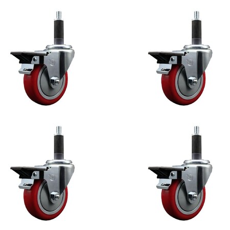 Service Caster 4'' Red Poly Swivel 1'' Expanding Stem Caster Set with Brake, 4PK SCC-EX20S414-PPUB-RED-PLB-1-4